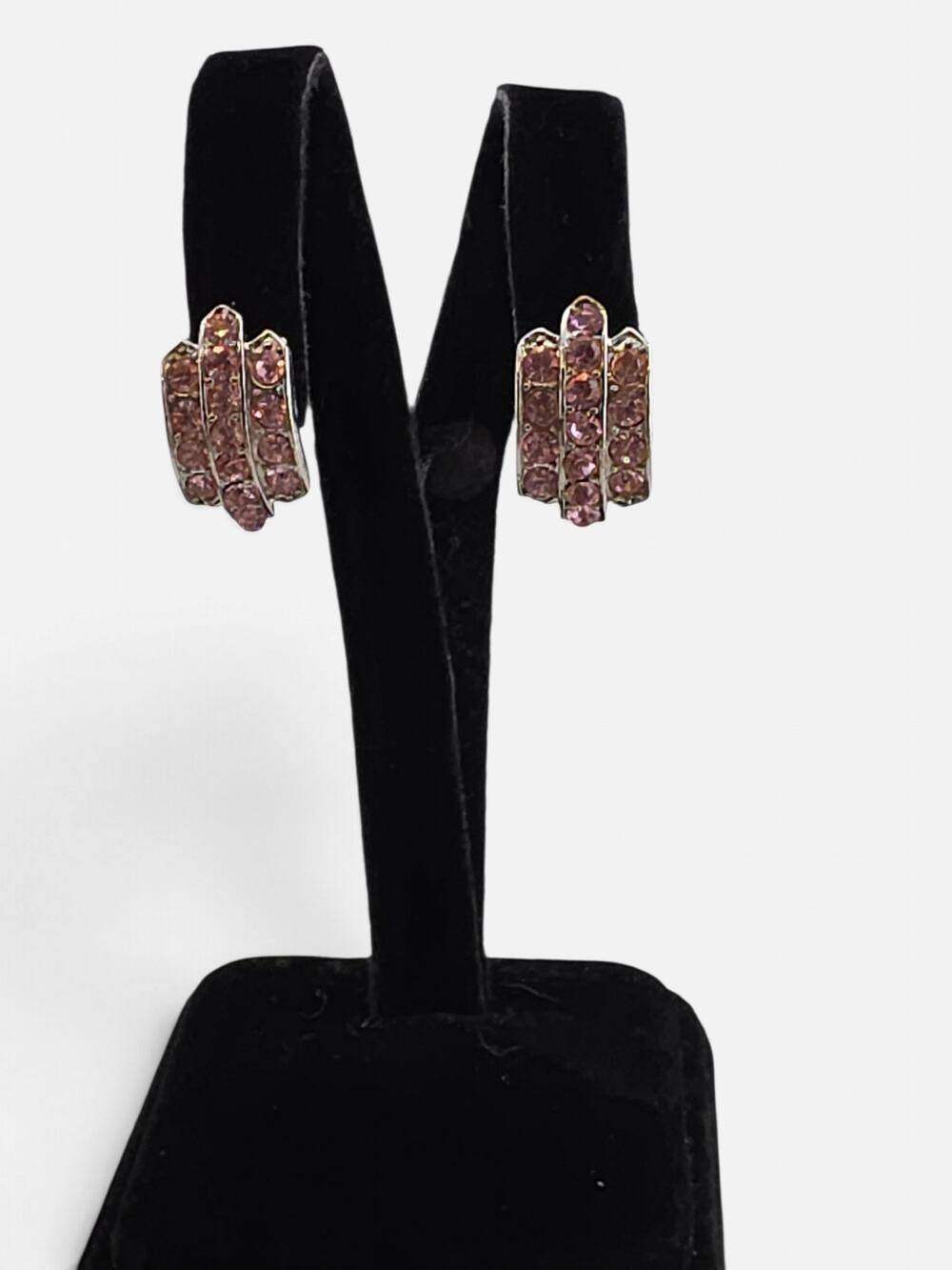 Vintage Pink Rhinestone Triple Row Clip On Earrings Signed CY